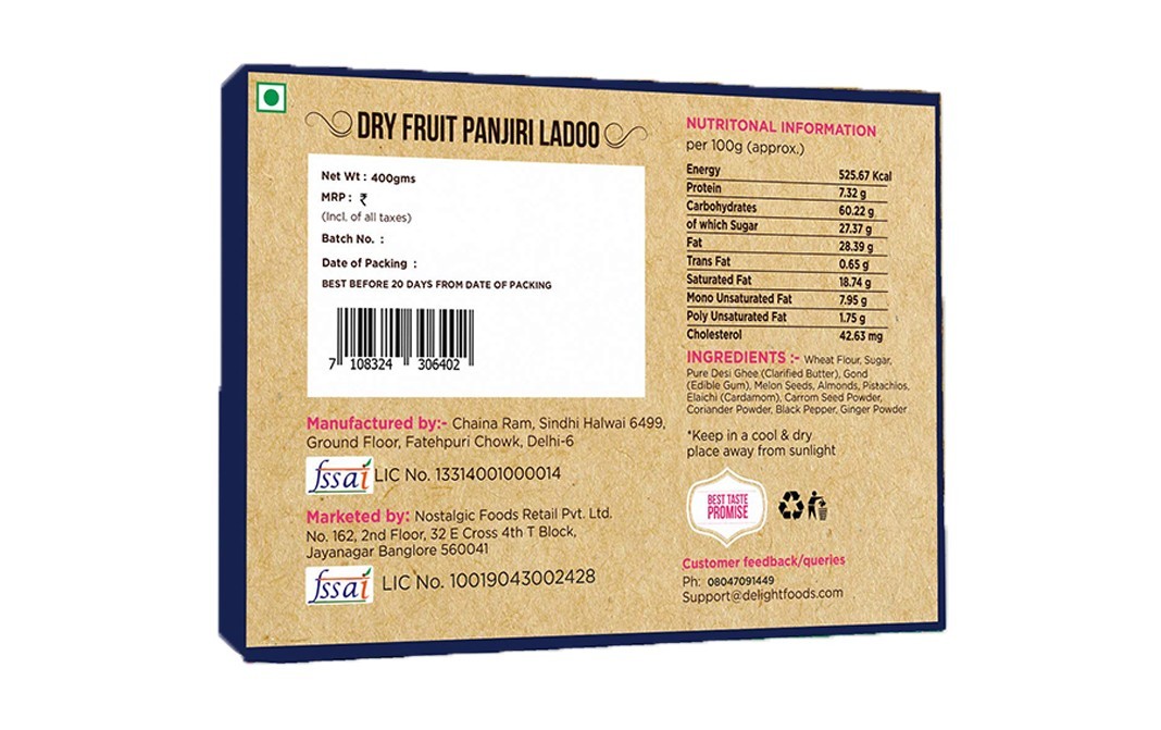 Delight Foods Dry Fruit Panjiri Ladoo    Box  400 grams